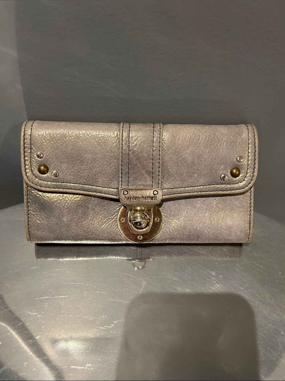 Hayden-Harnett Shimmery Taupe Leather Turn-Lock Wallet